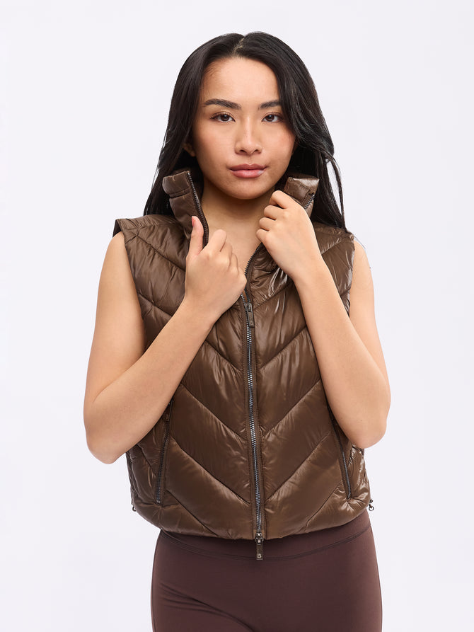 Cinch Waist Puffer Vest - Dark Brown Image 3