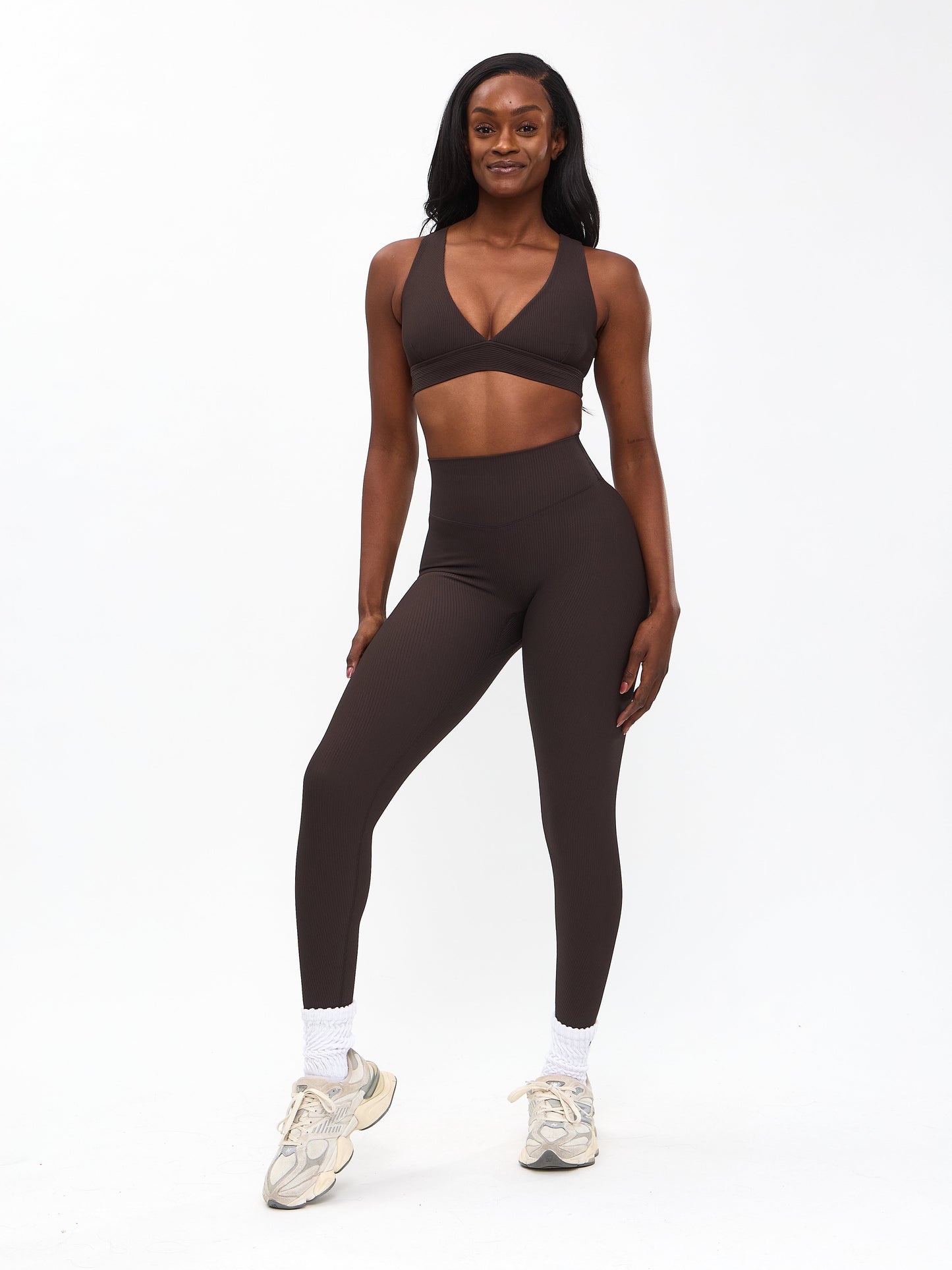 Ribbed Deep V Sports Bra - Cold Brew