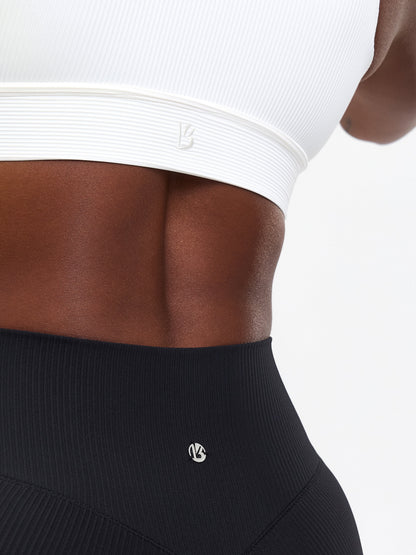 Ribbed Deep V Sports Bra - White
