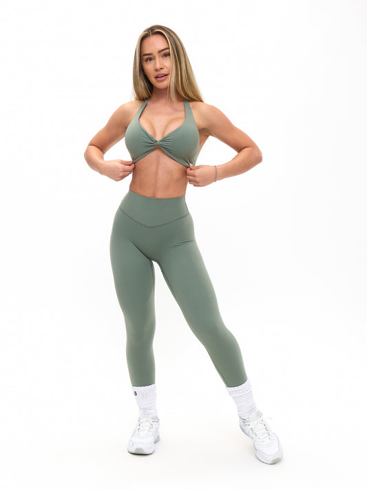 Poshknit Twist Halter Sports Bra - Matcha Latte