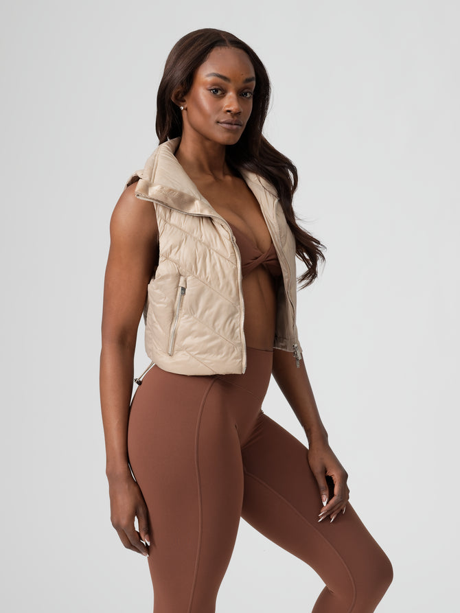 Cinch Waist Puffer Vest - Beige Image 6