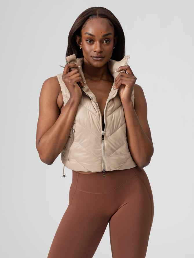 Cinch Waist Puffer Vest - Beige Image 2