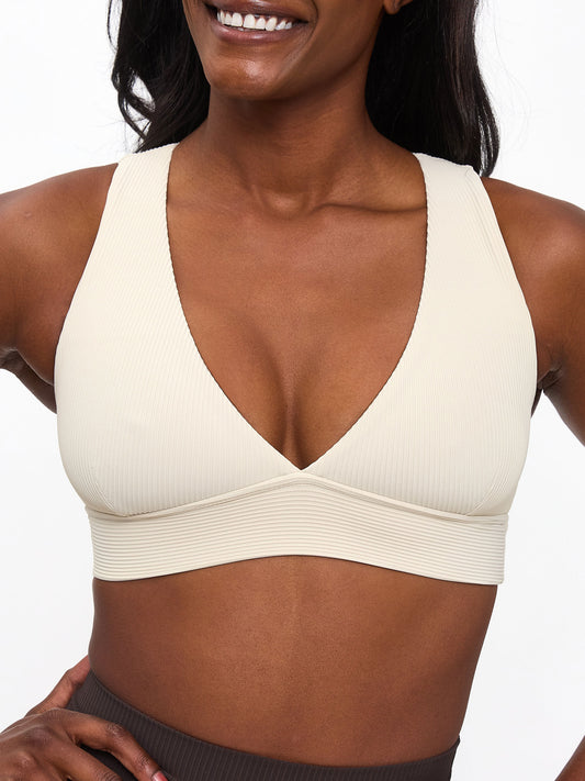 Ribbed Deep V Sports Bra - Bone